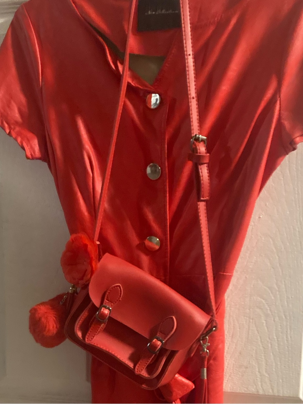 Red Tie-Waist red faux-leather trench coat (free bad included see last picture)